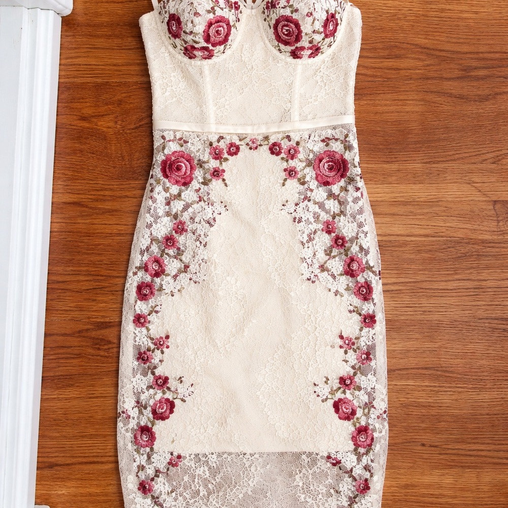 bebe Strapless Cream and Red Floral Dress